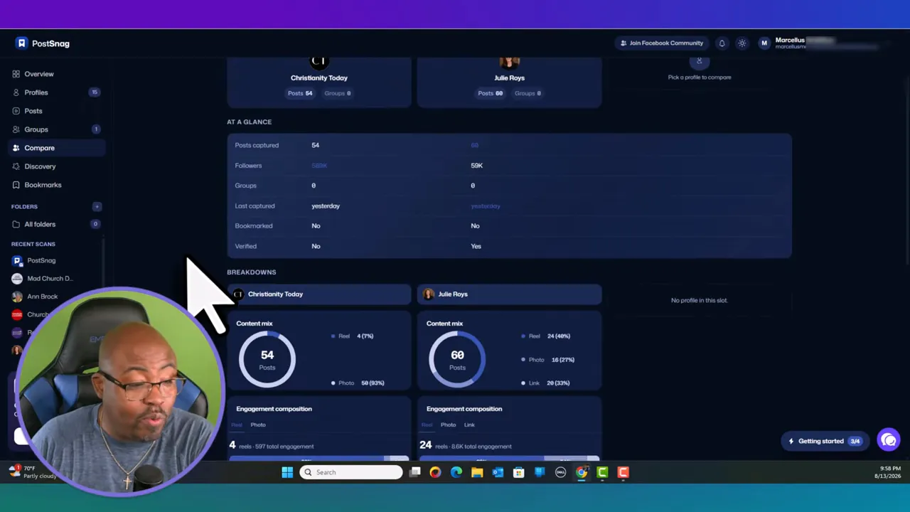 PostSnag comparison dashboard showing selected profile analytics side by side