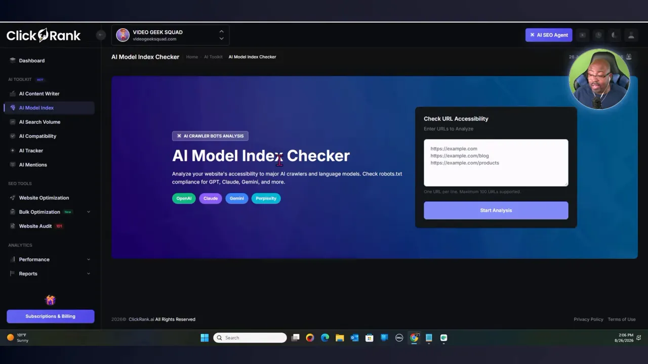 ClickRank AI Model Index Checker page with website analysis form