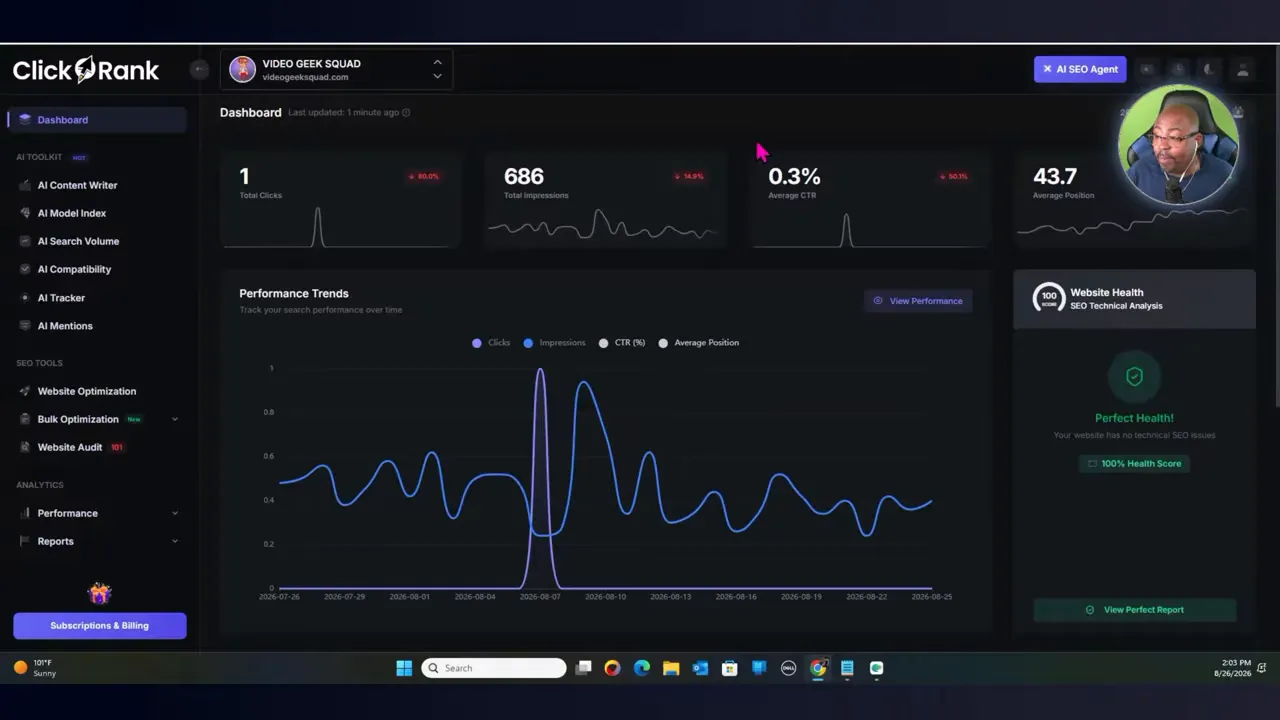 ClickRank dashboard with performance graph and SEO metrics