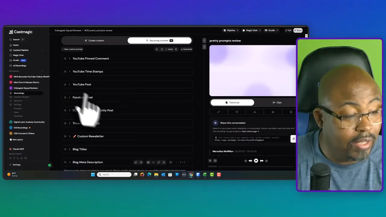 Castmagic section showing generated timestamp style entries in a dark editor layout