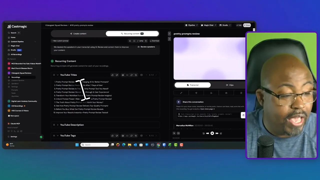 Castmagic prompt editing area with generated text below and a right side preview panel