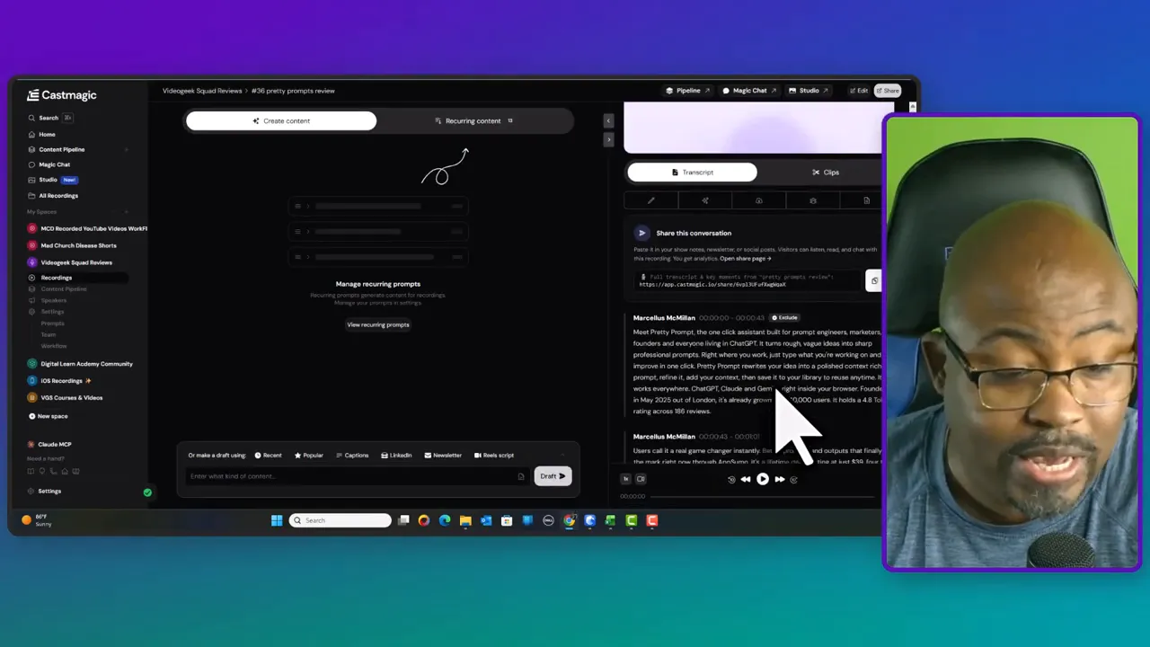 Castmagic editor showing transcript text in the right panel with video content area on the left