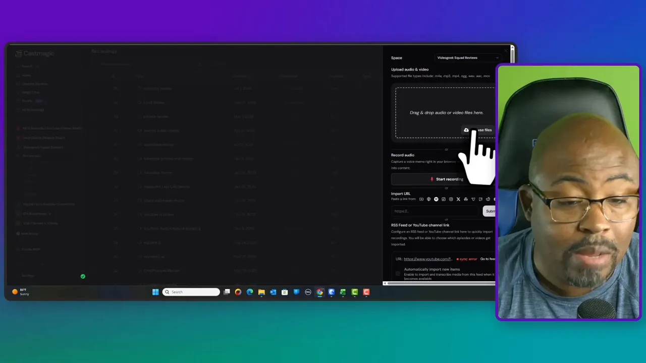 Castmagic dark interface with upload panel on the right and a file picker opening