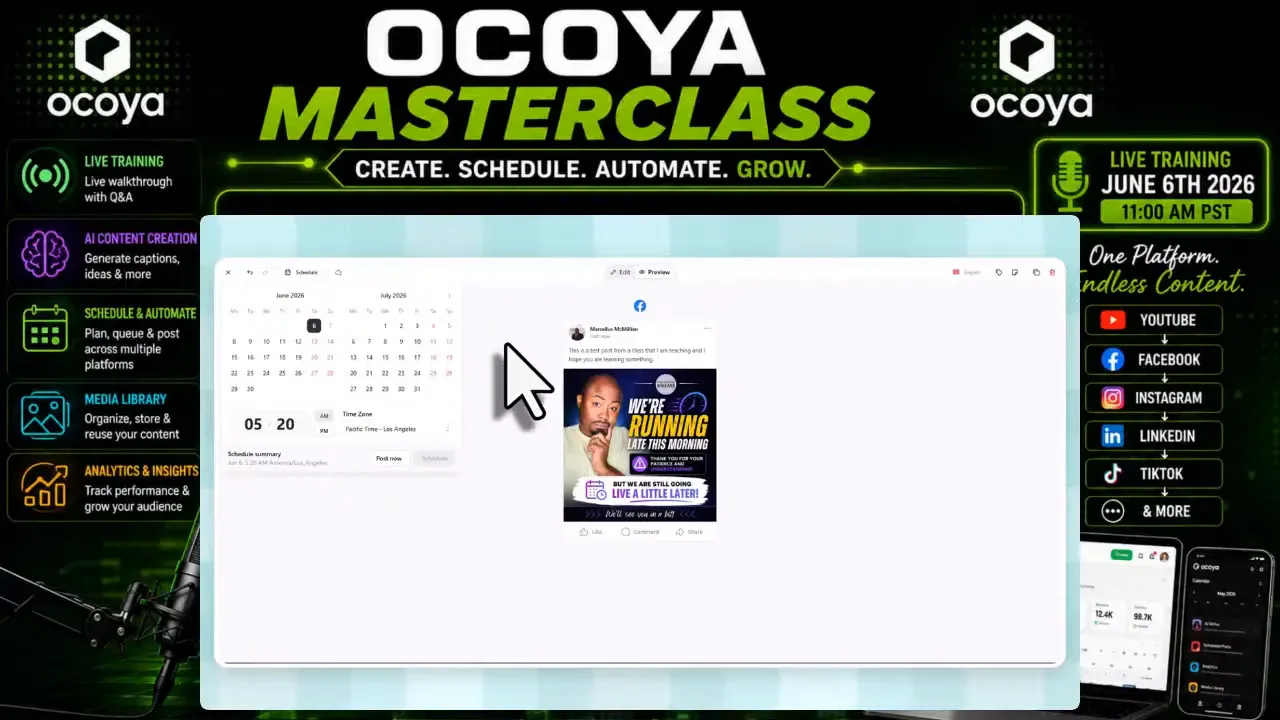 Calendar style planner with scheduled post blocks inside the Ocoya dashboard