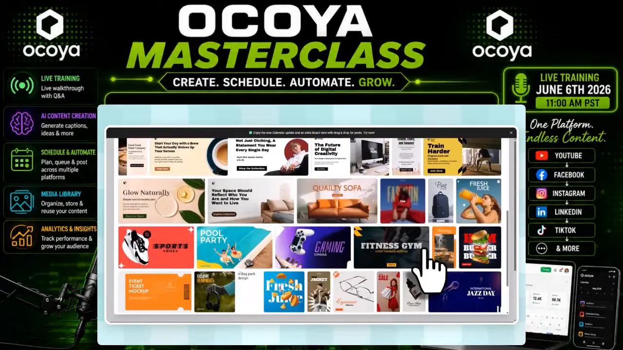 Ocoya design studio showing a grid of colorful social media template thumbnails