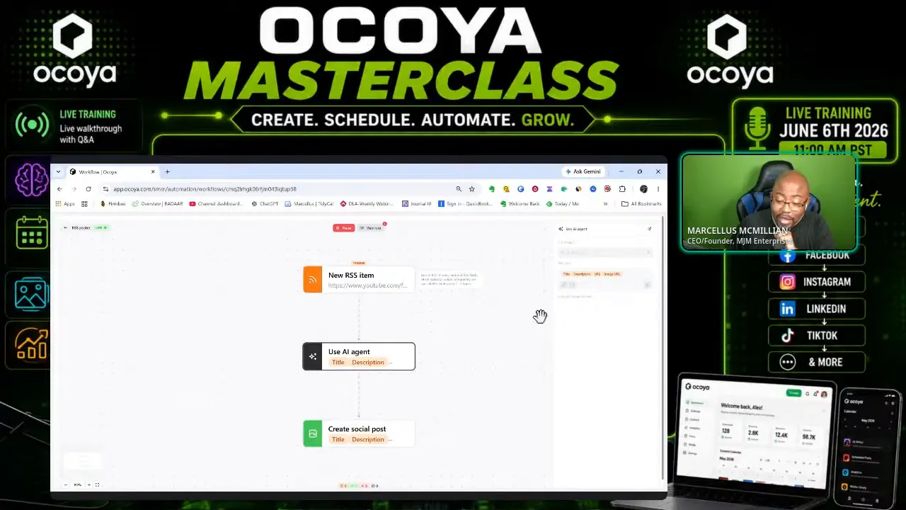 Workflow setup screen showing RSS automation steps and draft generation inside Ocoya