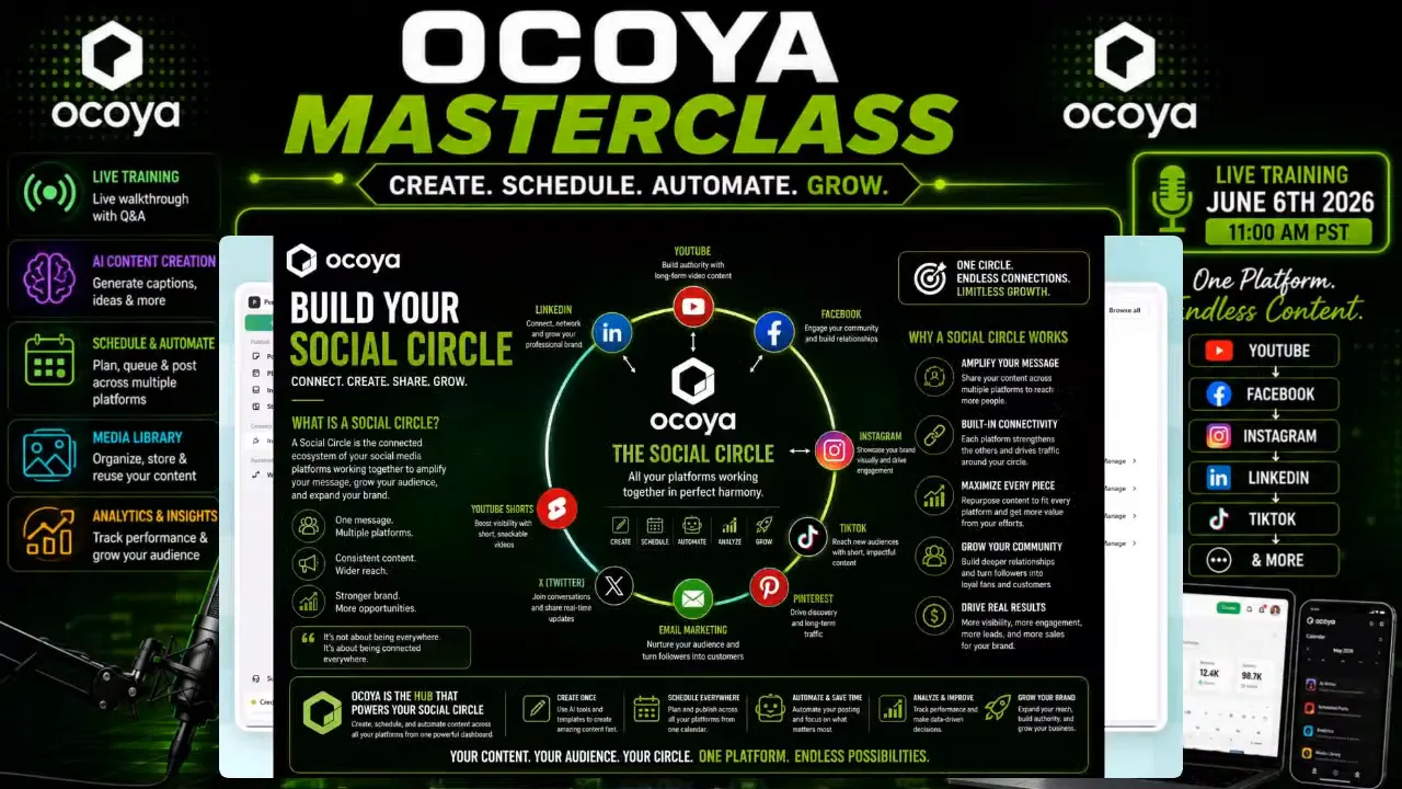 Dark slide with a circular diagram showing multiple social platforms connected around a central hub