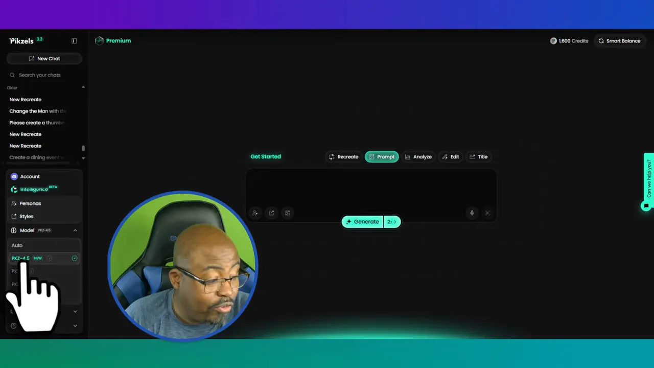 Pikzels dashboard sidebar with personas and model options including Pik 4.5 visible