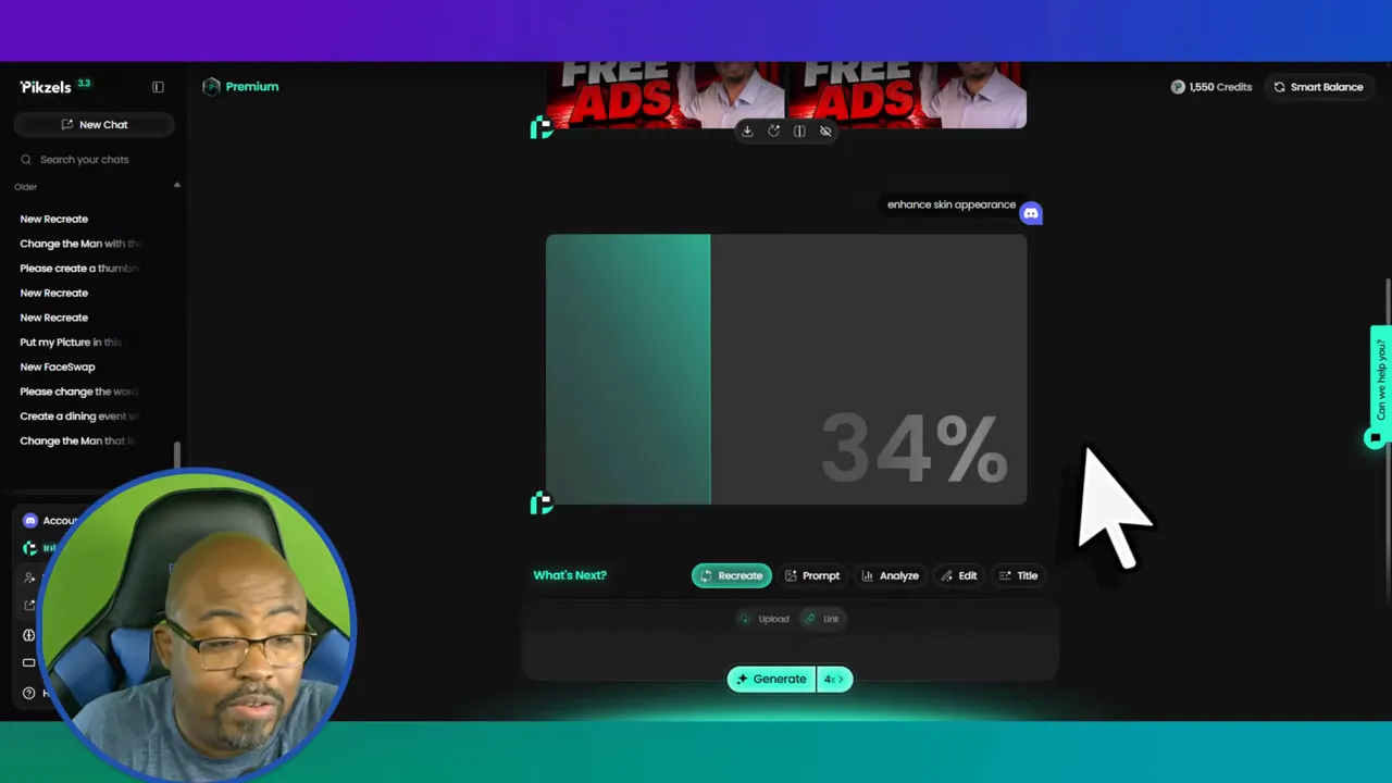 Pikzels results screen showing four thumbnail options with FREE ADS text and a lower editing panel