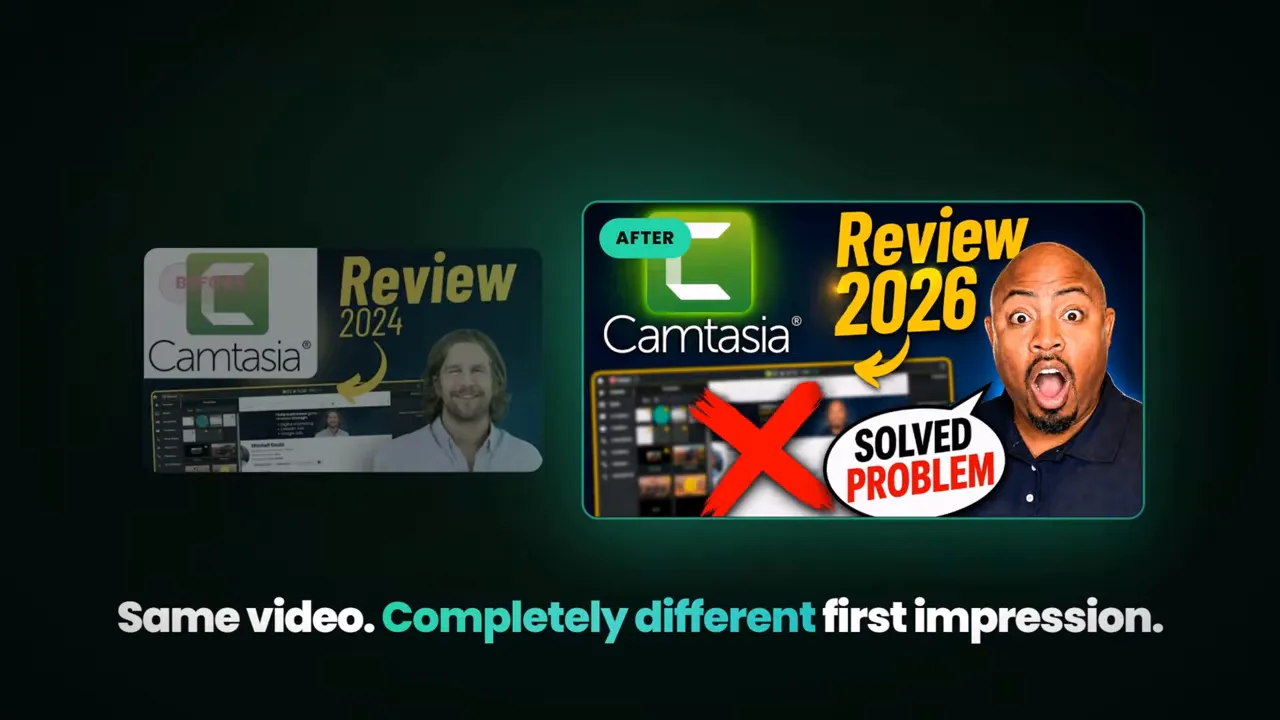 Comparison between an old Camtasia review thumbnail and a brighter updated version with text about first impression