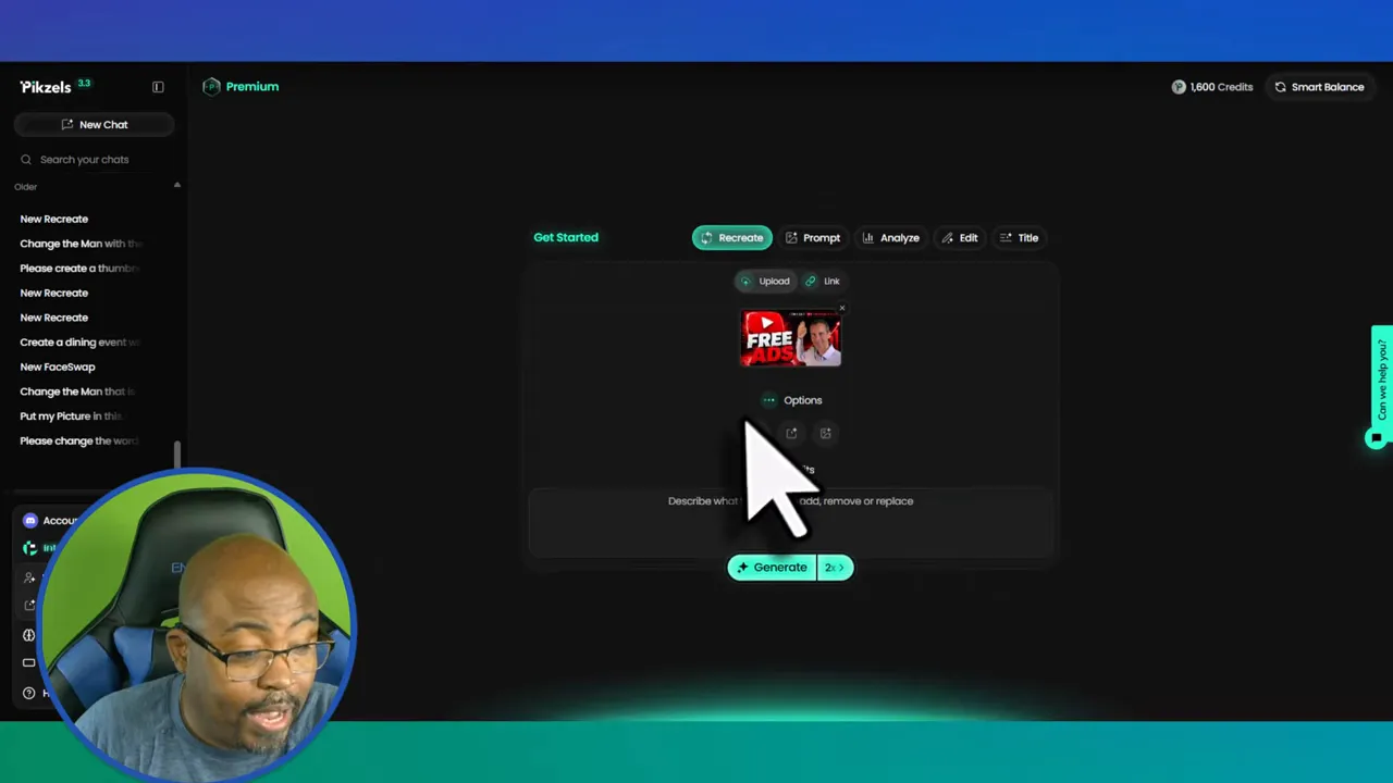 Pikzels interface with uploaded thumbnail preview and options for persona and generation