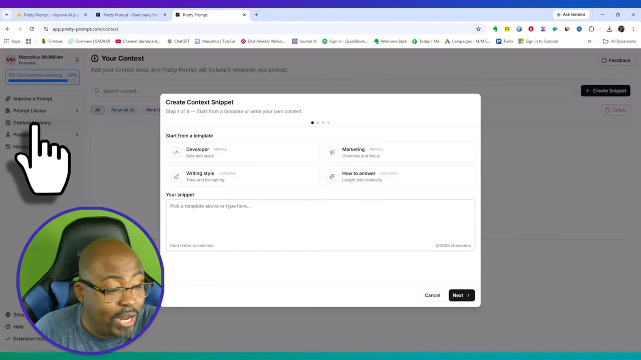 Context memory modal with fields for title, prompt content, and settings