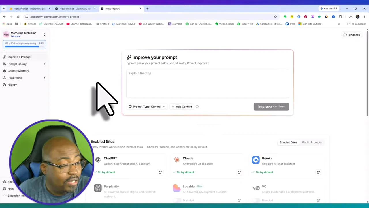 Pretty Prompt dashboard with improve your prompt box and left sidebar menu