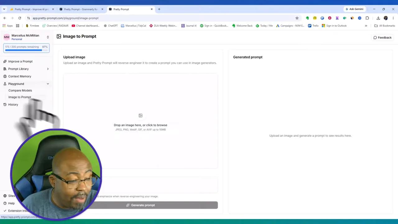 Image to prompt page with drag and drop upload area and result panel