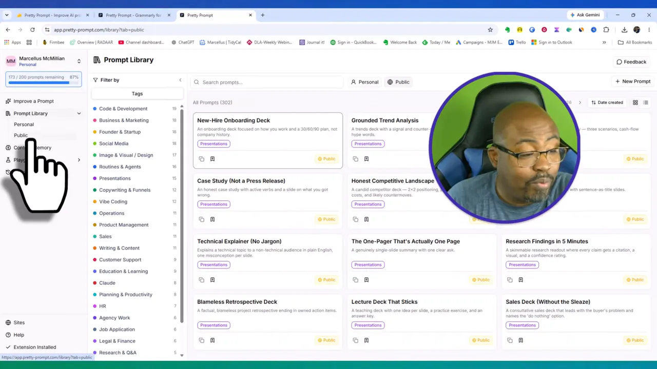 Prompt library page with category sidebar and multiple prompt cards