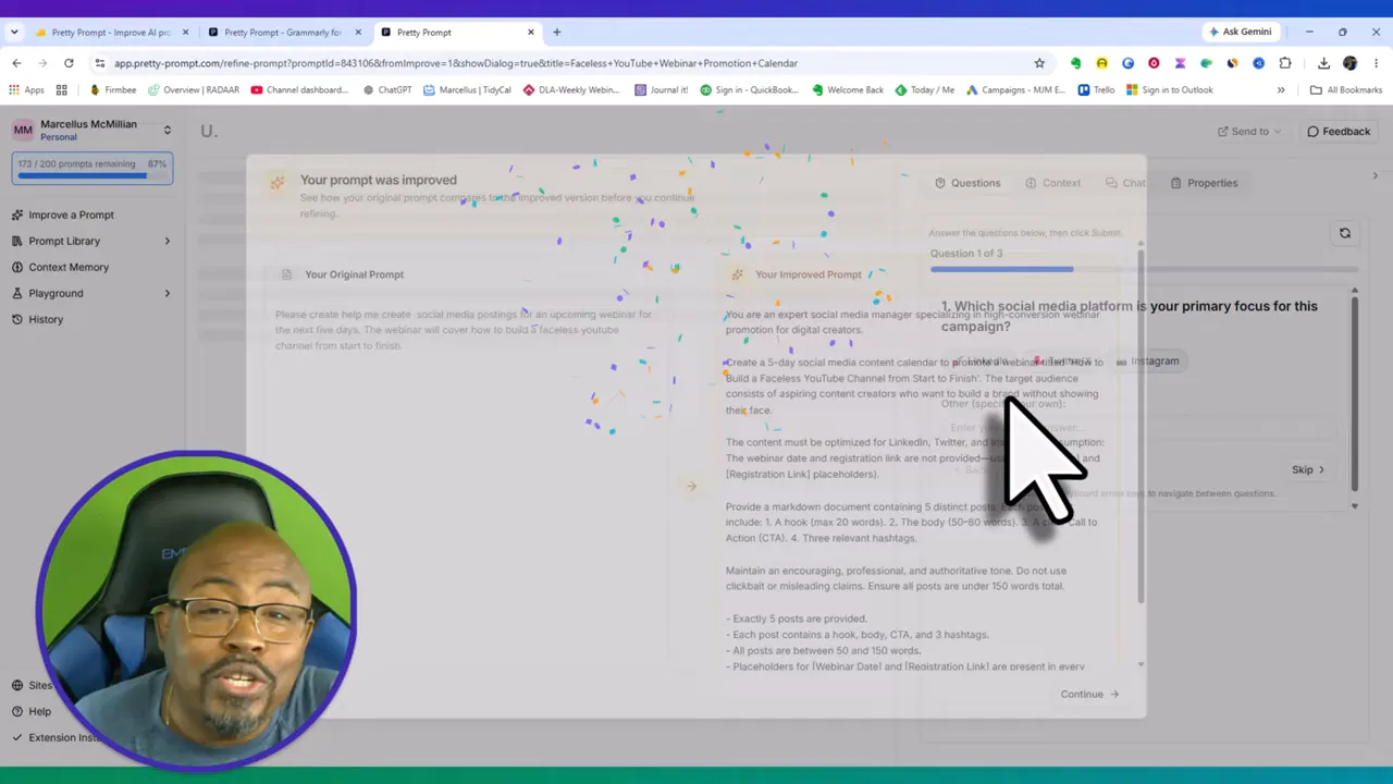 Comparison modal showing original prompt on the left and improved prompt on the right