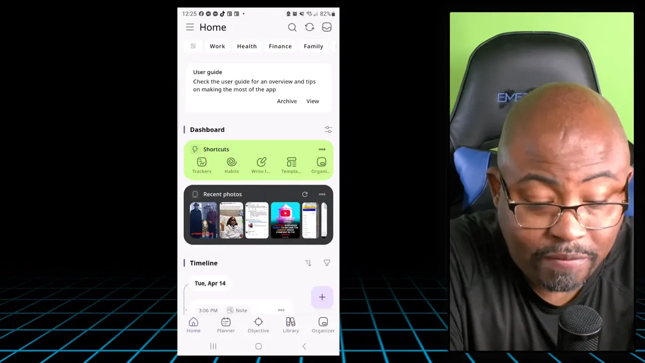 Journal It mobile dashboard with shortcuts, recent photos, and timeline section