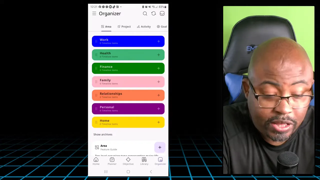 Journal It mobile Organizer screen with categories for Work, Health, Finance, Family, Relationships, Personal, and Home