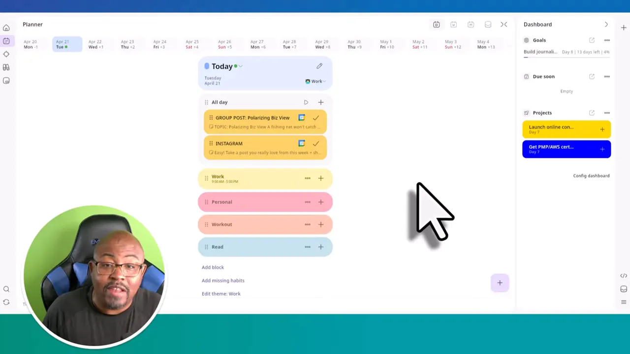 Journal It web dashboard layout with Planner blocks, goals, and projects