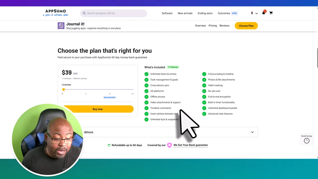 AppSumo Journal It pricing page showing rich journaling and media attachment capabilities