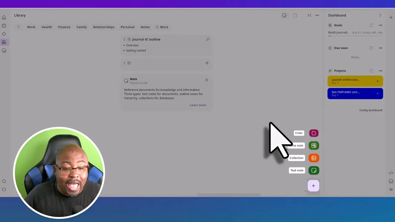 Journal It library note types menu showing folder, file, collection, and text note