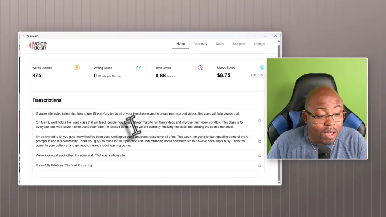 Voicedash dashboard showing transcriptions and structured text
