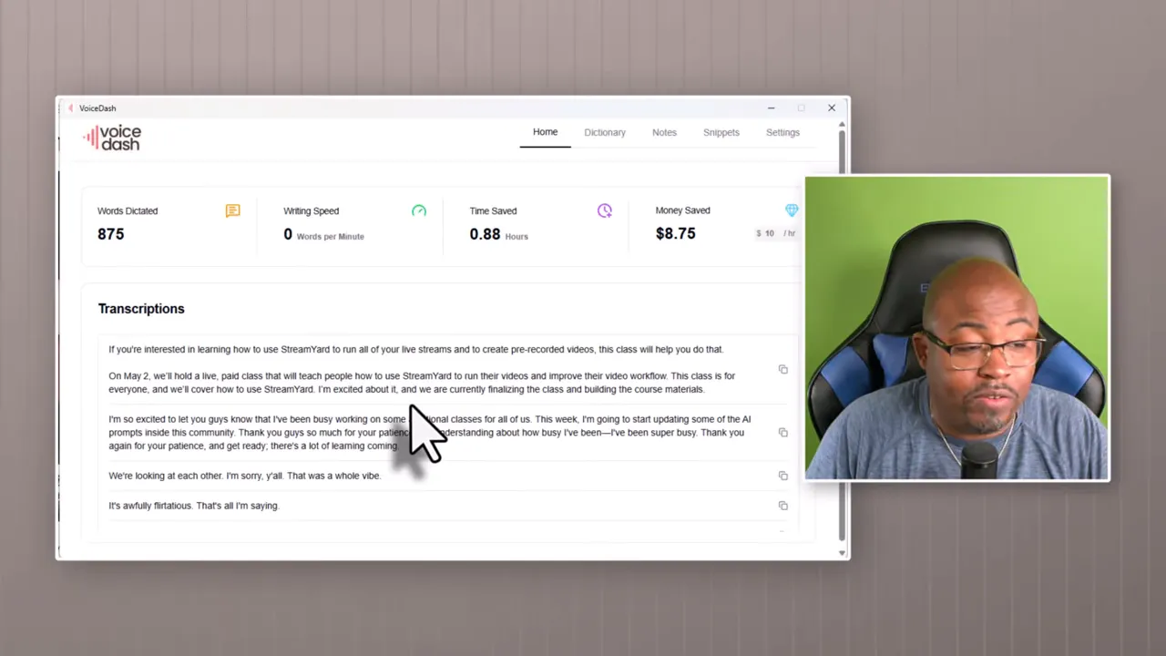 Voicedash saved transcriptions panel with cursor pointing to transcription text