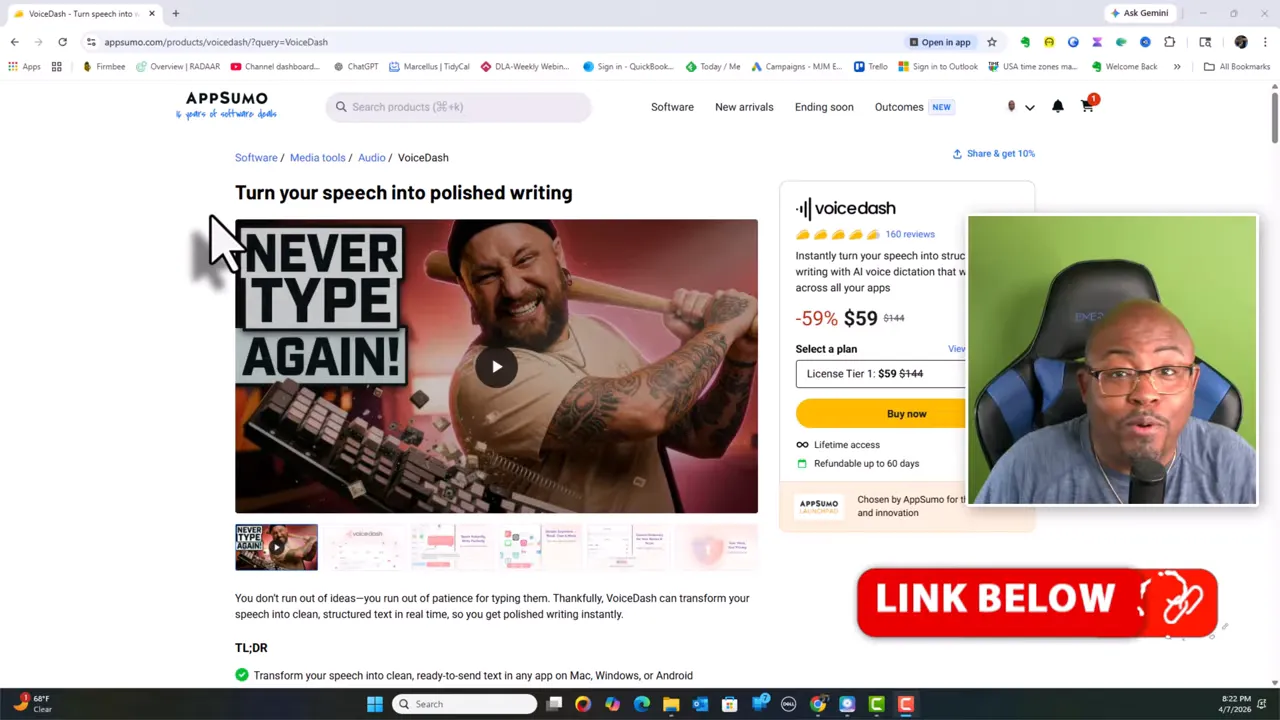 Voicedash AppSumo promotional screenshot with “Never type again” messaging and plan preview