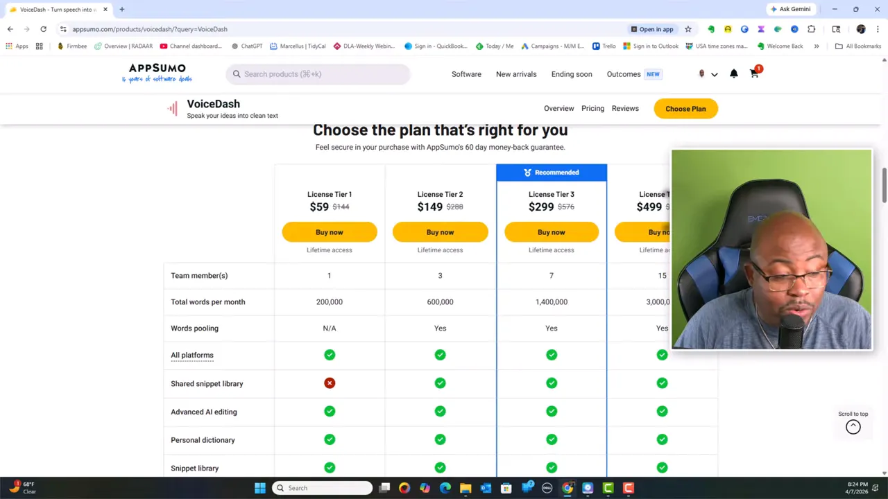 Voicedash pricing grid on AppSumo comparing license tier 1 through tier 3