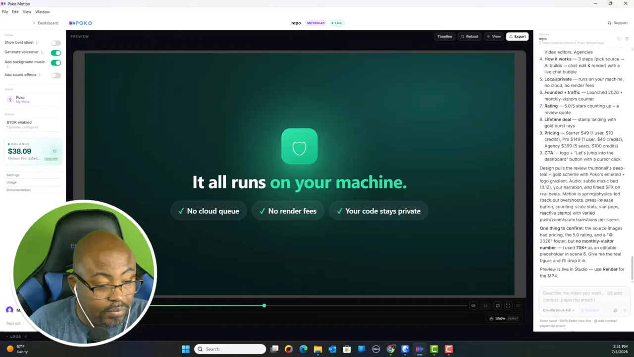Green scene with text It all runs on your machine and icons for no cloud queue no render fees and local-only private