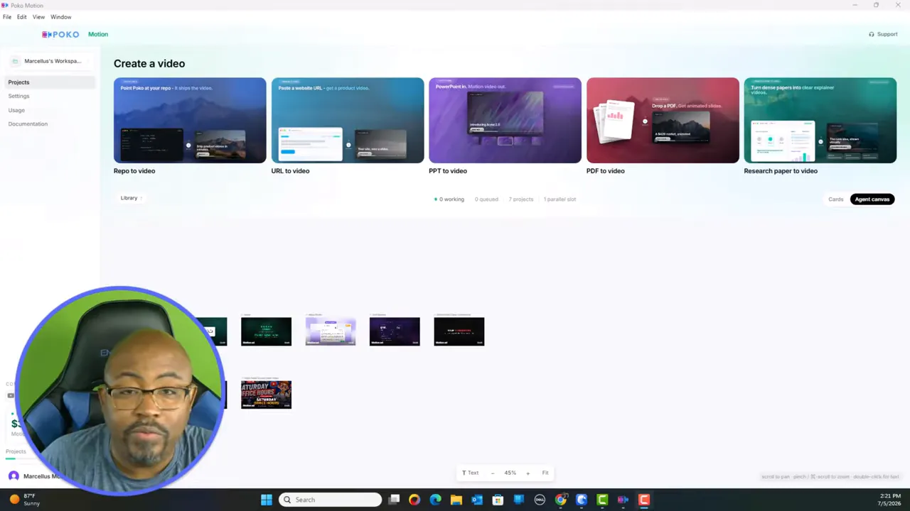 Poko Motion dashboard with rows of video projects and menu on the left