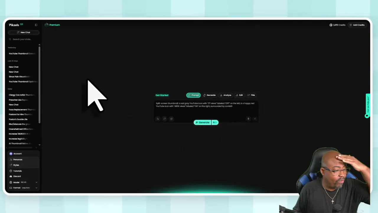 Pikzels prompt workflow area with credits and controls