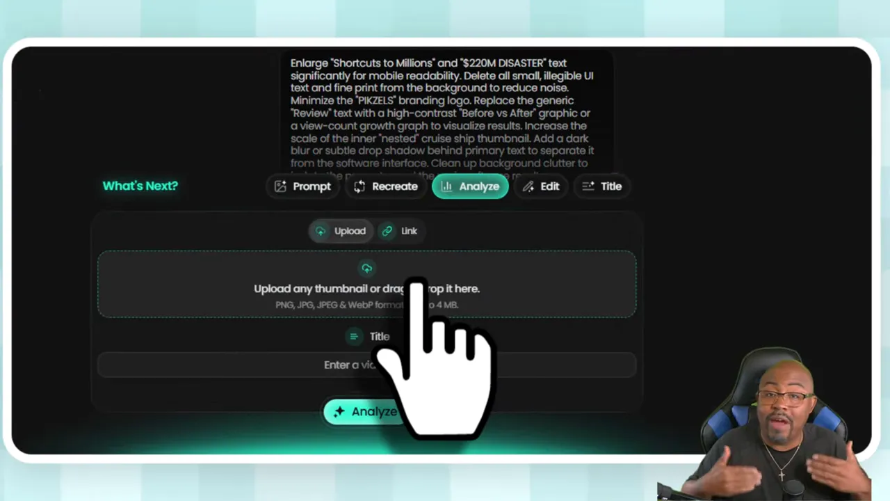 Pikzels interface showing upload box and Analyze option for thumbnail optimization