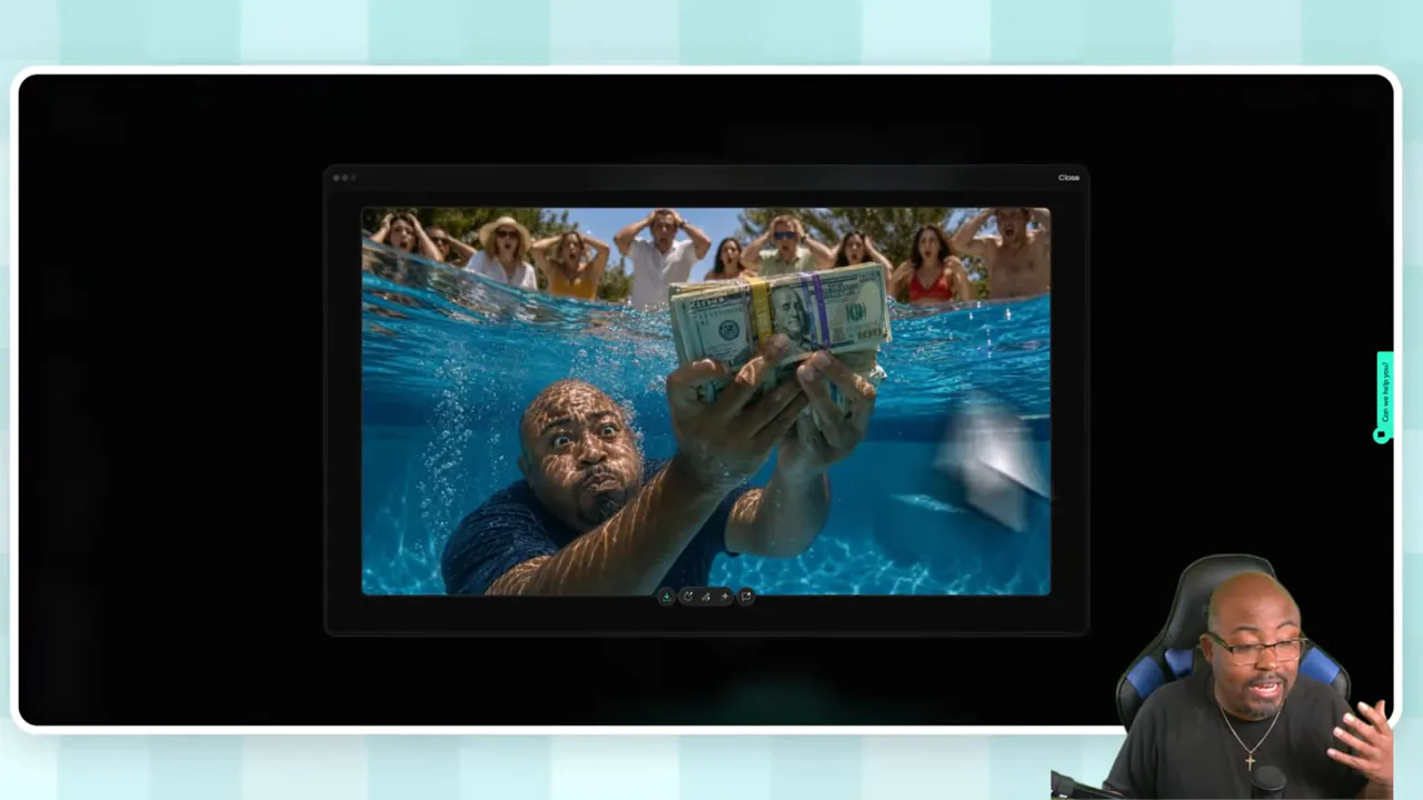 Pikzels generated underwater thumbnail scene with a man holding money underwater