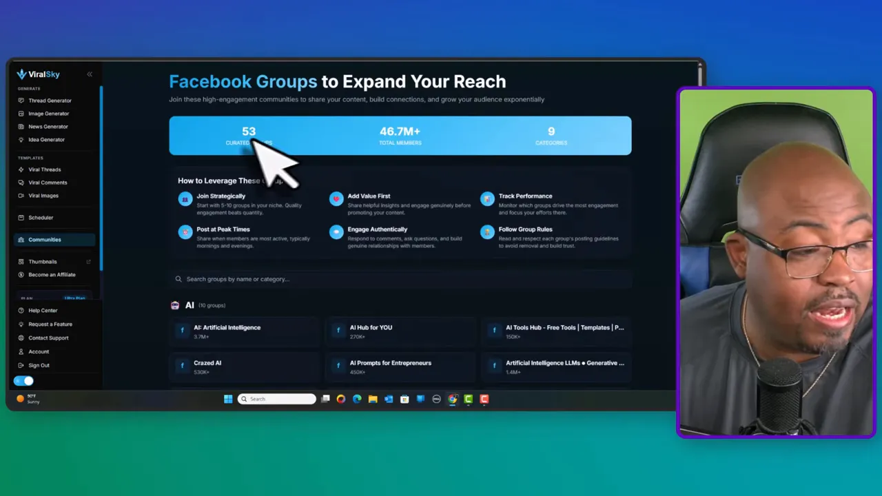 ViralSky Facebook Groups page showing group discovery options to expand reach