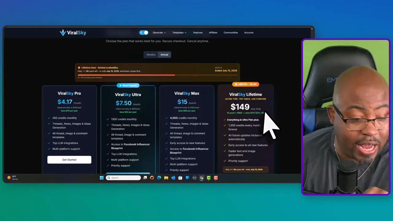 ViralSky pricing page showing multiple lifetime plan options