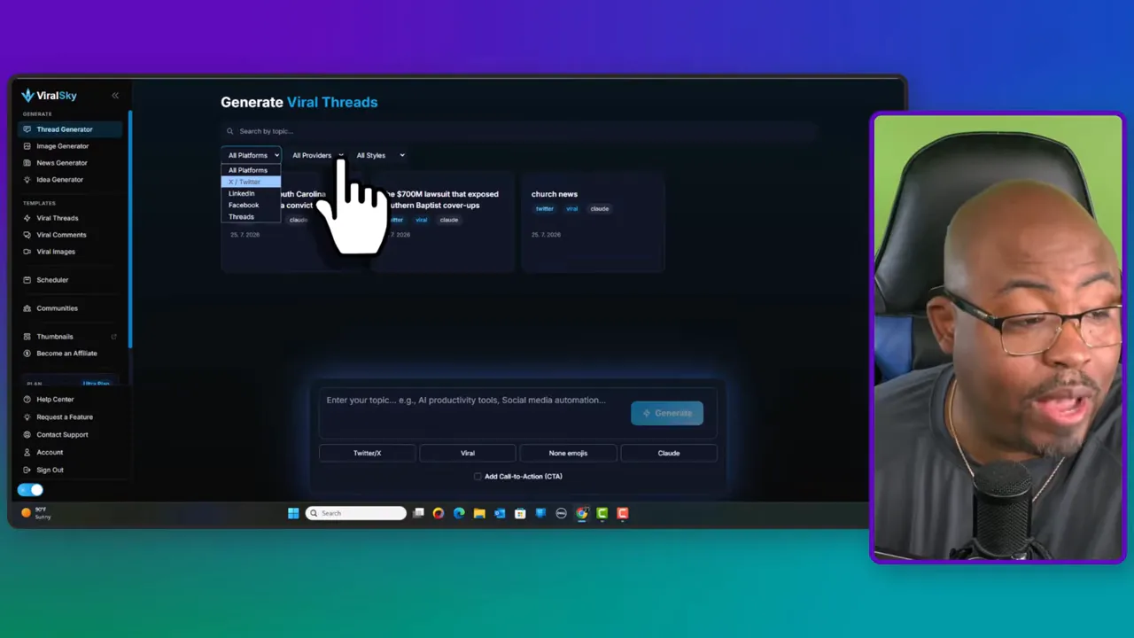 ViralSky thread generator dashboard with content style and AI model options