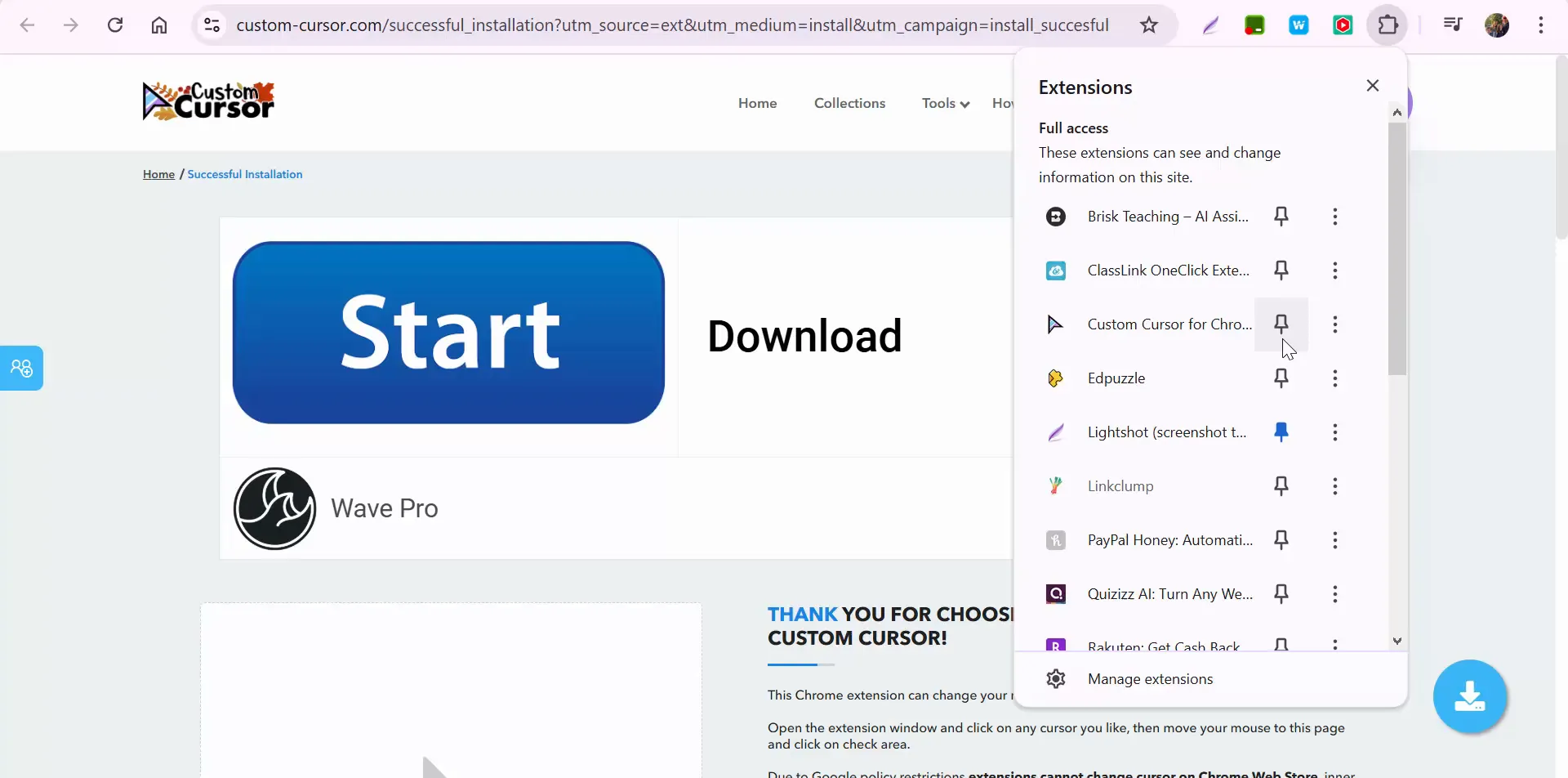 Pinning the custom cursor extension in Chrome