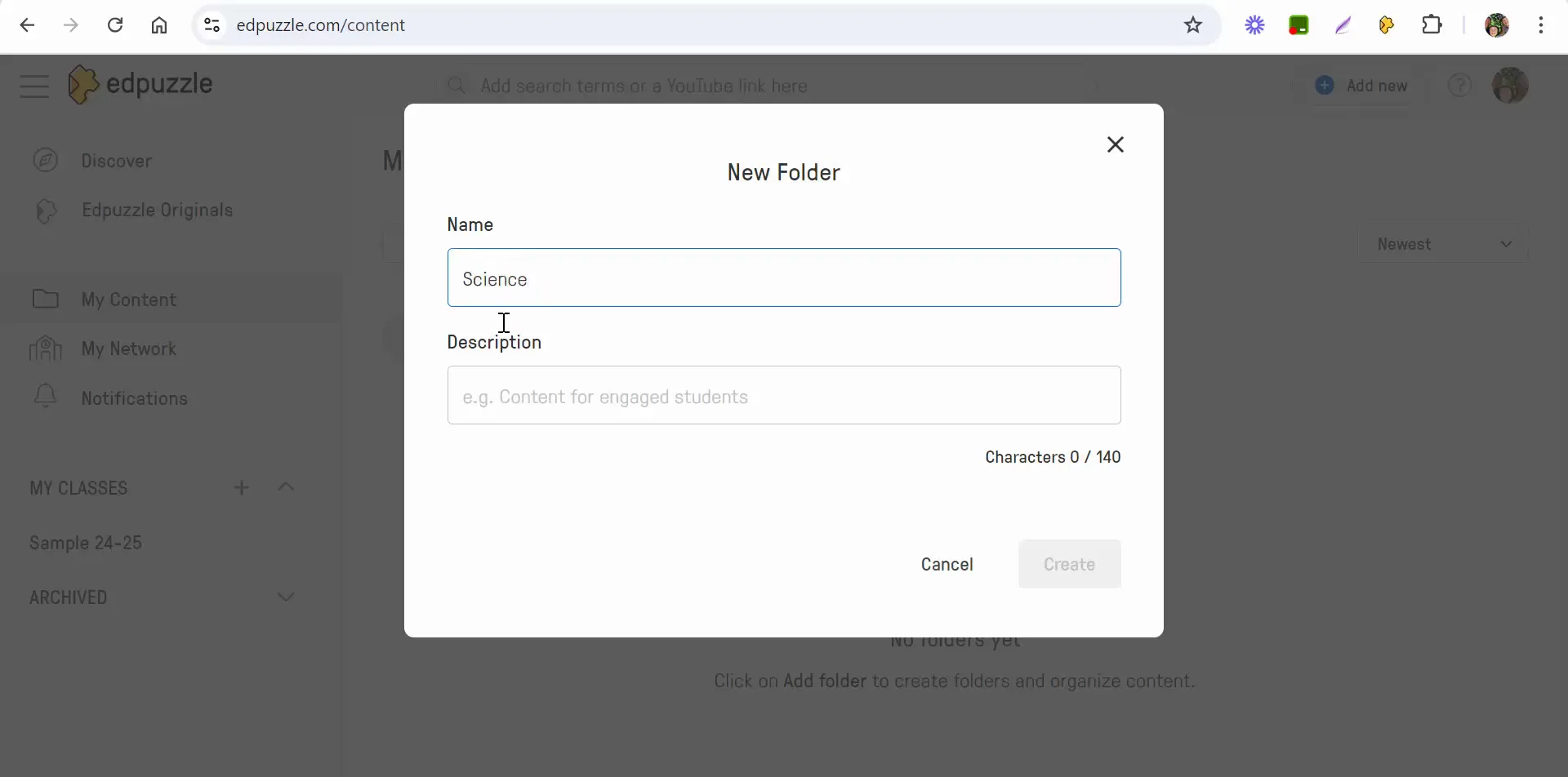 Creating a new folder in Edpuzzle