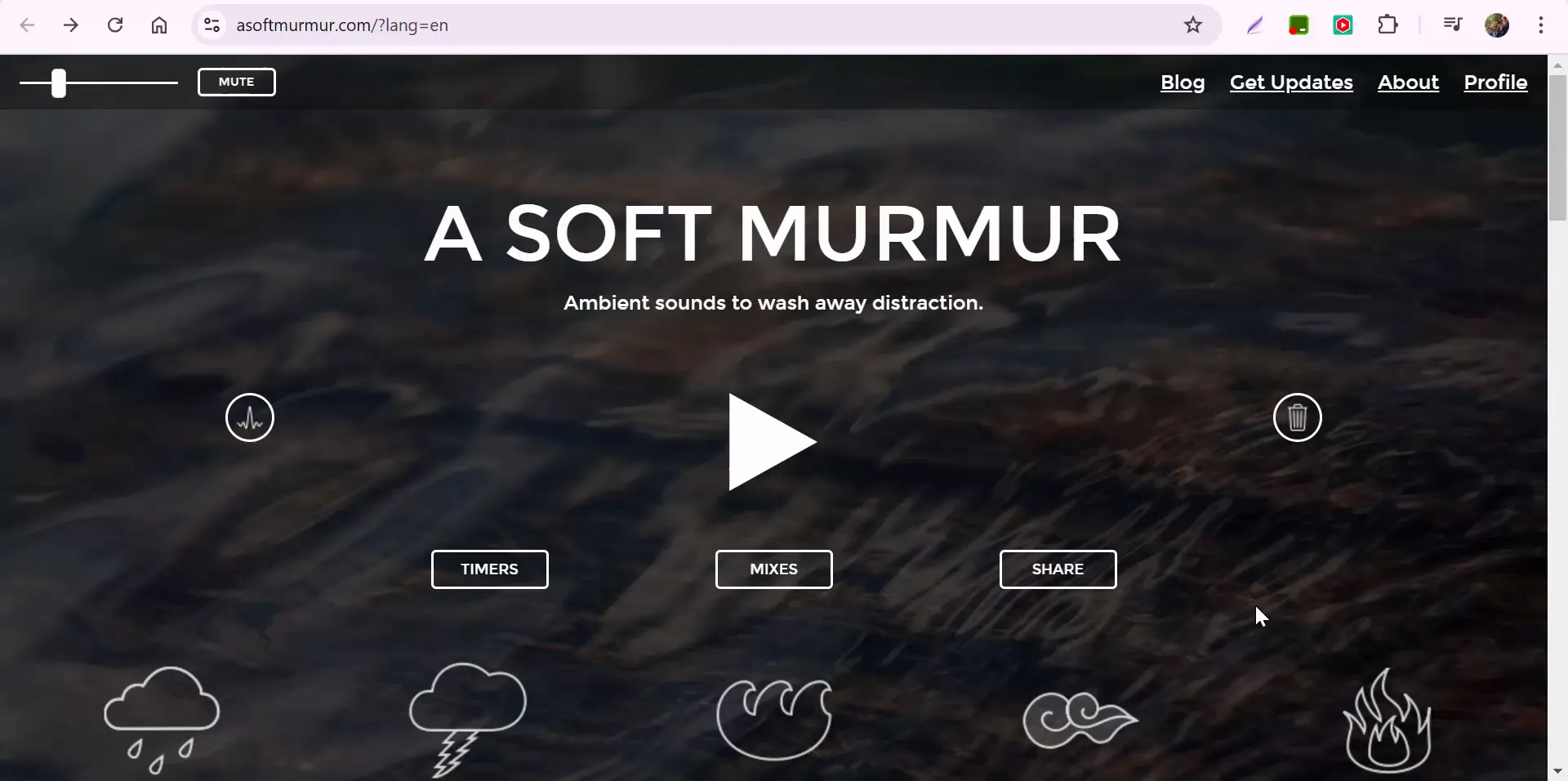SoftMurmur homepage showing ambient sounds