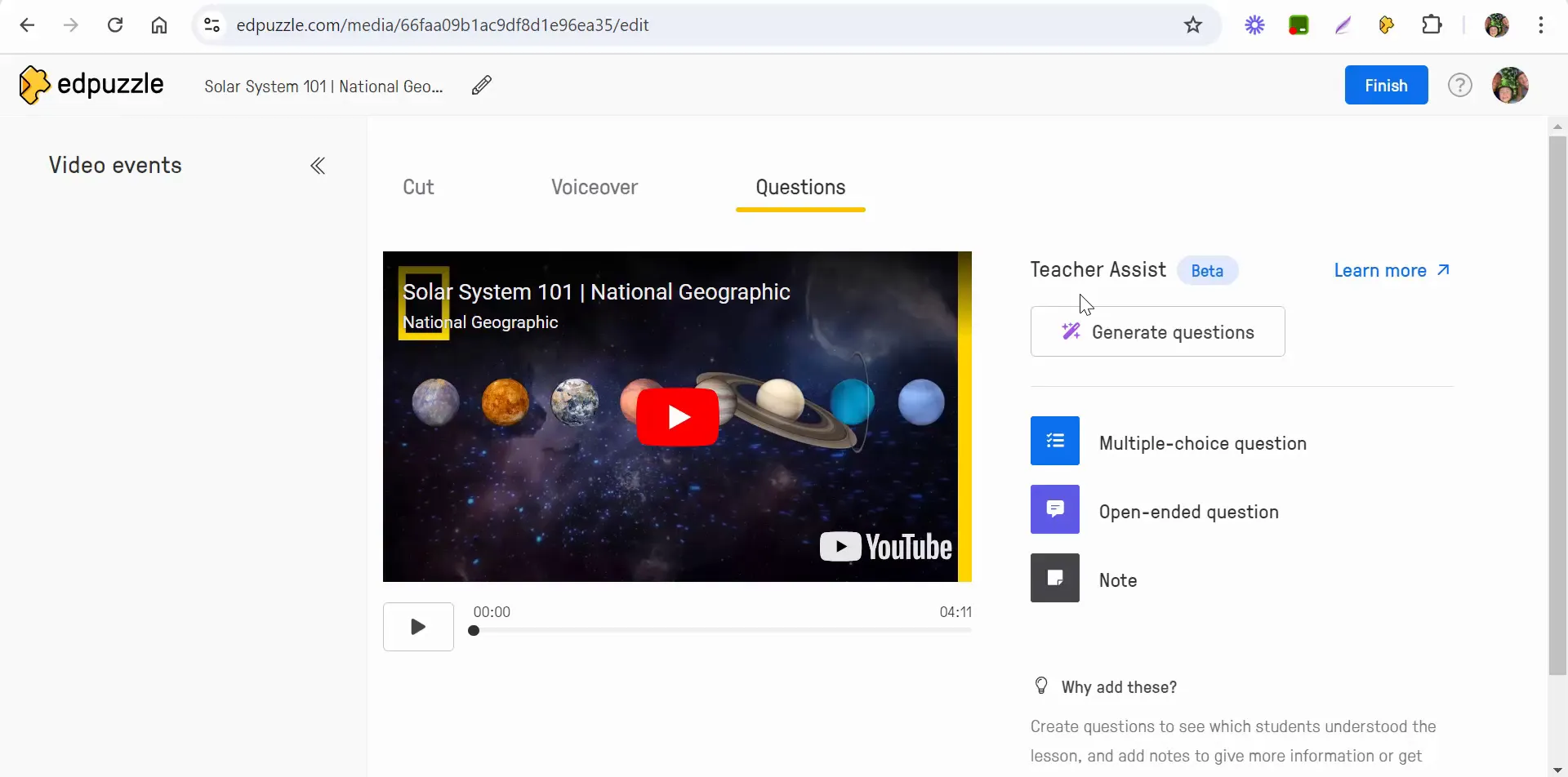 Starting Edpuzzle video about the solar system