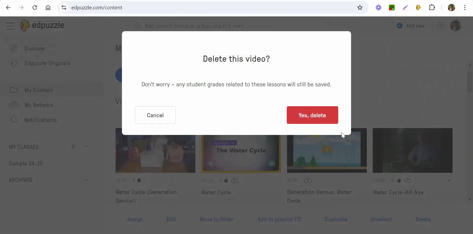 Confirming deletion of a video from My Content