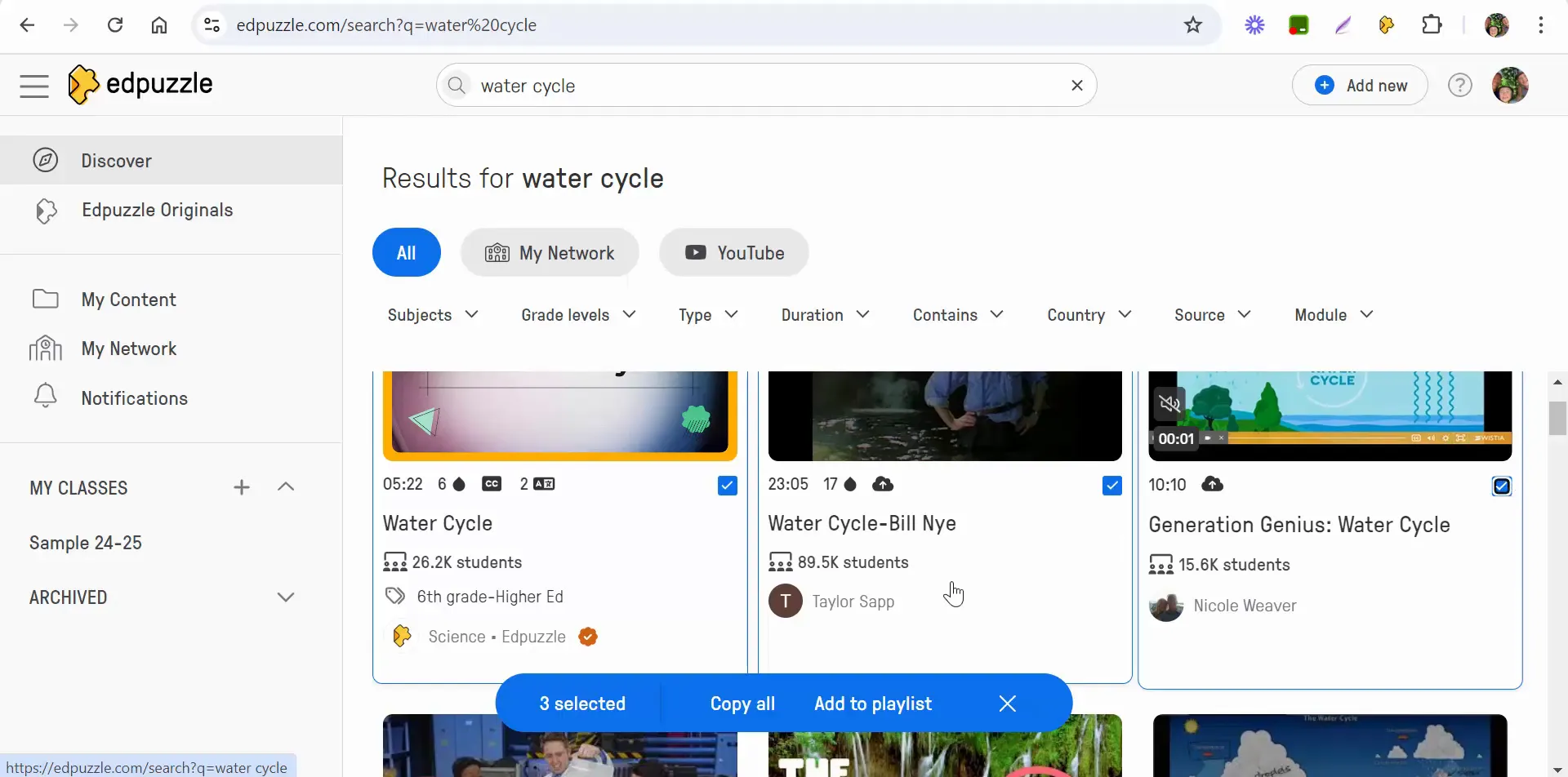 Selecting videos to copy to My Content
