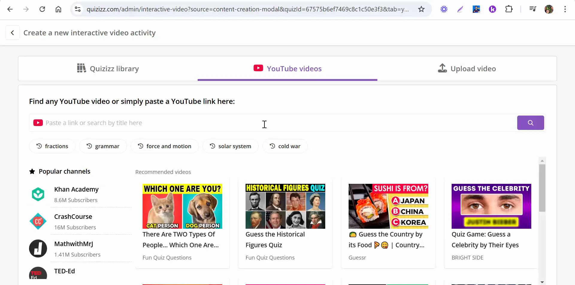 Pasting the Valley Forge video link into Quizizz