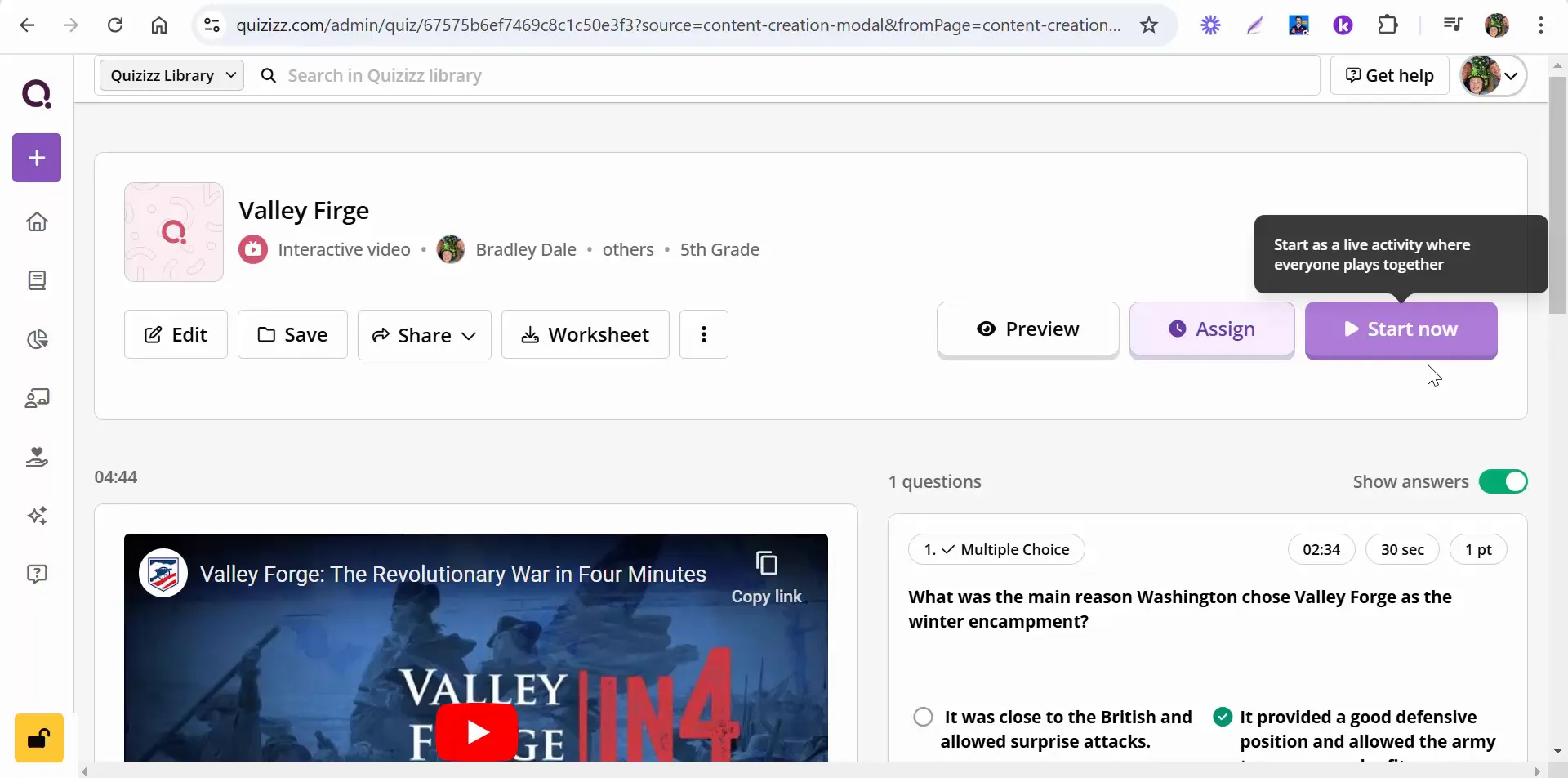 Publishing the Valley Forge video quiz