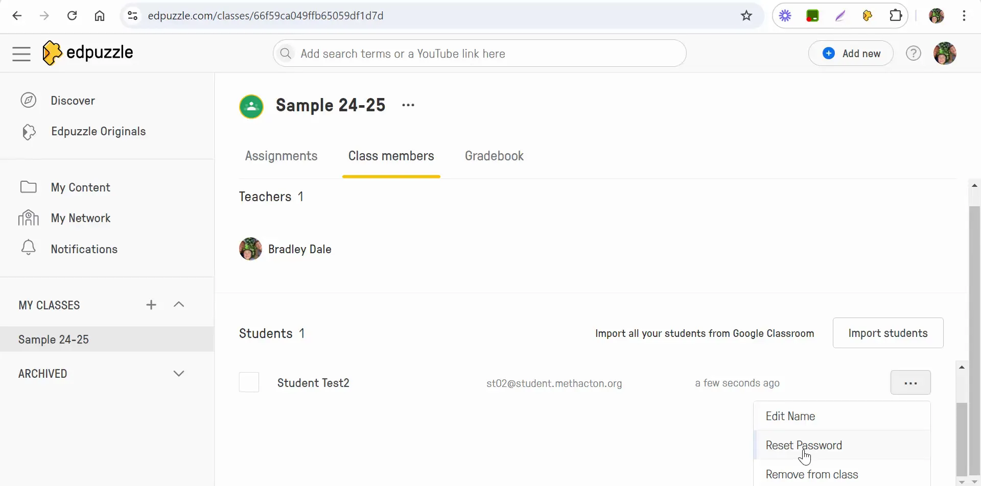 Class members management options in Edpuzzle