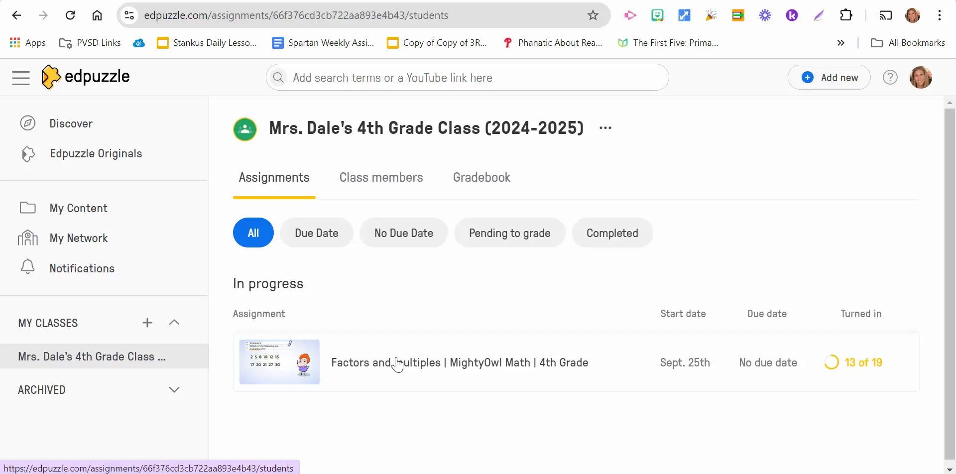 Assignment overview in Edpuzzle