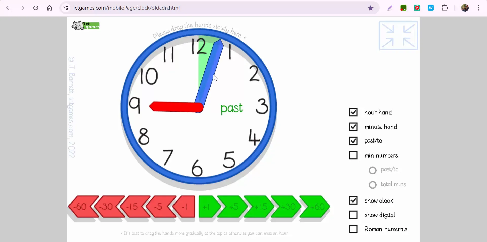 Enlarged clock interface showing hour and minute hands