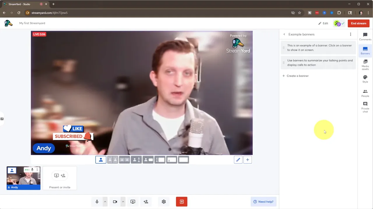 StreamYard preview with presenter, like/subscribe banner and layout buttons