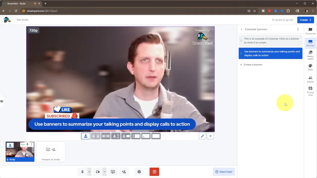 StreamYard studio showing a blue call-to-action banner at the bottom of the video feed reading 'Use banners to summarize your talking points and display calls to action'.
